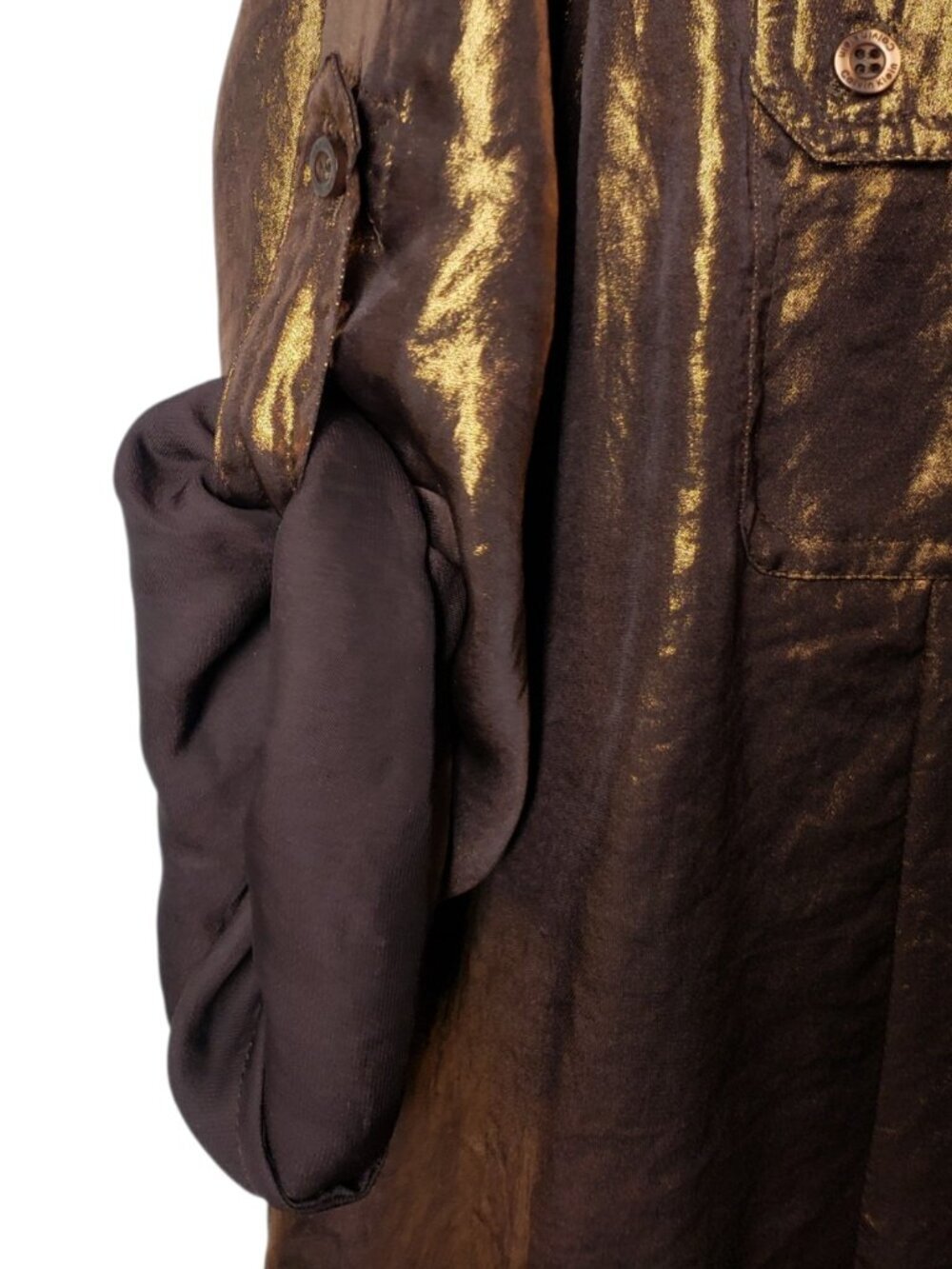 Calvin Klein Button Up Roll Tab Sleeves Womens Shirt Metallic Bronze XLarge - Picture 11 of 12